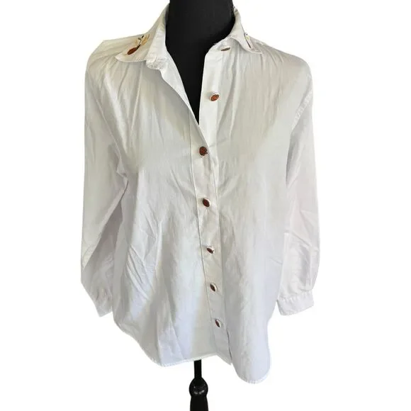 Vintage white button down with autumn embroidered trim Pumpkin Buttons‎ Small - Picture 9 of 16